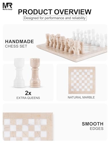 Marble Chess Set 12" Inches Verona and White with Storage Box and 2 Extra Queen Handmade Luxury Board Games for Adults, Ideal Chess Board Game & Marble Chess Set for Adults - color: Verona & White