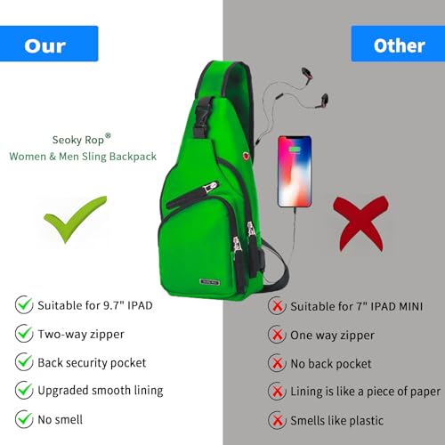 Seoky Rop Men Women Sling Backpack Nylon Water Resistant Shoulder Chest Crossbody Sling Bag with USB Charging Port - color: Green