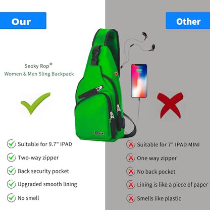 Seoky Rop Men Women Sling Backpack Nylon Water Resistant Shoulder Chest Crossbody Sling Bag with USB Charging Port - color: Green