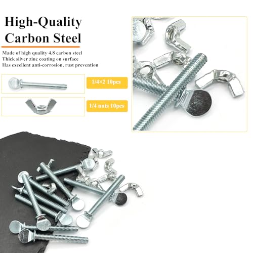 10 Sets 1/4"-20 x2 Thumb Screw Bolts and Wing Nut Kit Zinc Plated Finger Tight Racket Screw and Nut Tool-Free Racket & Sports Equipment Hardware Fitting Fastenings Assortment Kit - size: 10 Sets 1/4"-20 x2" ThumbScrews&WingNuts