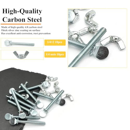 10 Sets 1/4"-20 x2 Thumb Screw Bolts and Wing Nut Kit Zinc Plated Finger Tight Racket Screw and Nut Tool-Free Racket & Sports Equipment Hardware Fitting Fastenings Assortment Kit - size: 10 Sets 1/4"-20 x2" ThumbScrews&WingNuts