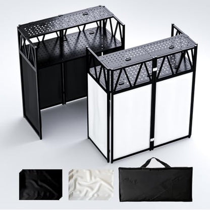 DJ Facade Booth Portable DJ Booth Table, Folding 2-Tier Workstation Table with Cable Management Holes, Adjustable Leveling Feet, Black & White Scrim Panels for Wedding Party Events(Upgrade) - size: Upgrade 40*20 Double layer
