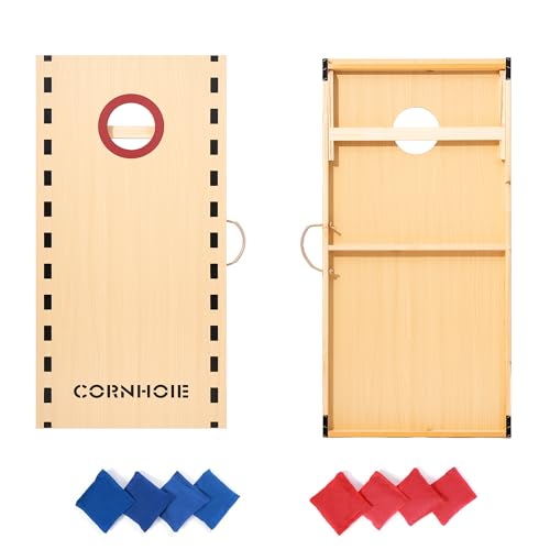 Cornhole Boards Set Regulation Size - 4'x2' Premium Solid Wood Corn Hole Toss Game with 8 Bean Bags - color: 4'×2' Dashed Line Pattern