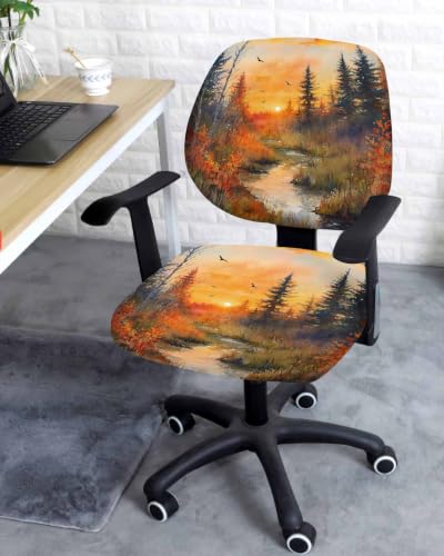 Savannan Office Chair Cover, Fall Watercolor Forest Tree Protective Stretch Elastic Universal Cover for Desk Task Chair,Computer Rotating Chair 1 Pcs County River Ombre Sunset