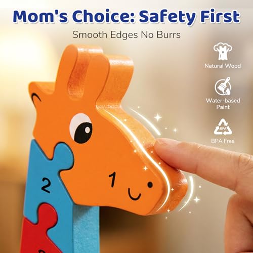 LovesTown Wooden Puzzles for Kids, Double Sided Giraffe Jigsaw with Alphabet & Numbers, Montessori Educational Toy for Toddlers, Chunky Animal Gift - size: Medium, style: Giraffe