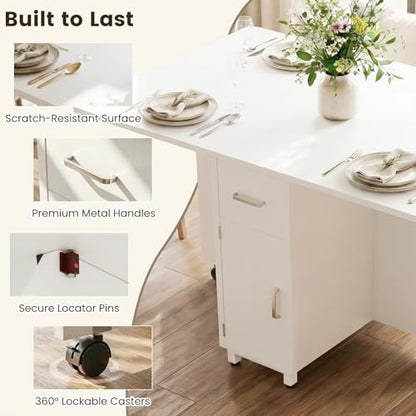 Folding Dining Table with Wheels, Space Saving Drop Leaf Kitchen Table with Storage Cabinet, Expandable Movable Furniture for Small Apartment, White - color: White