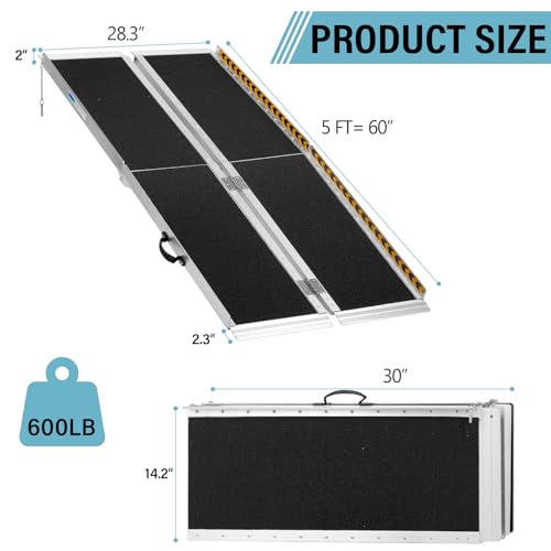5 Feet Aluminum Folding Wheelchair Ramp | Non-Skid Handicap Threshold Wheel Chair Ramp for Home Steps, Stairs, Entry, Threshold, Doorways, 600LBS Capacity,28in Wide - size: 5FT-tri-fold-black