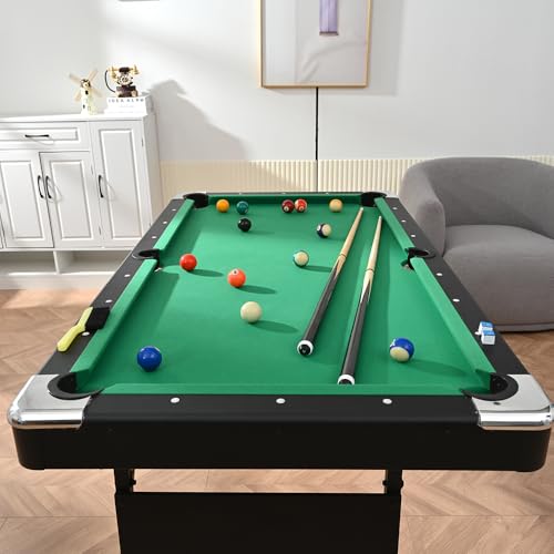 5.3 FT Pool Table Portable Foldable Billiards Table for Kids & Adults with with Balls, Cues, Chalk, Rack & Brush, Compact Space-Saving Game Table for Family Game Room & Office - color: Black+Green