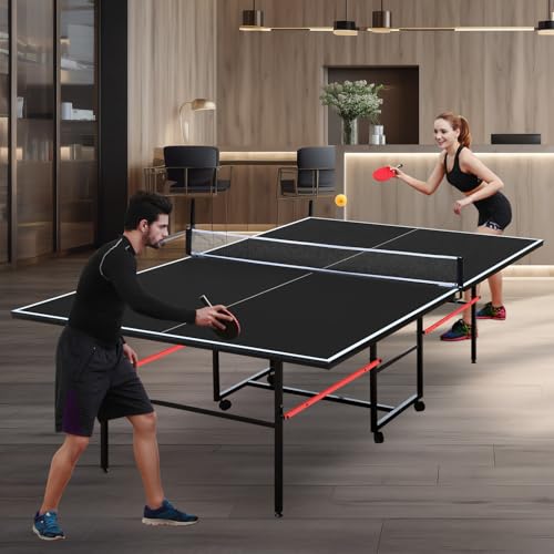 KEIKI Foldable 8FT/8.5FT/9FT Ping Pong Table Set, Portable Indoor Table Tennis Table with 0.2'' Durable MDF Top, Quick Game Mesa de Ping Pong para Adultos with Net, 2 Paddles & 3 Balls - color: Black, size: 9FT