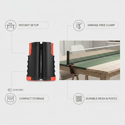 Retractable Table Tennis Net Set, Portable Ping Pong Net for Standard Tables, Clamp-On Design with Polyester Mesh