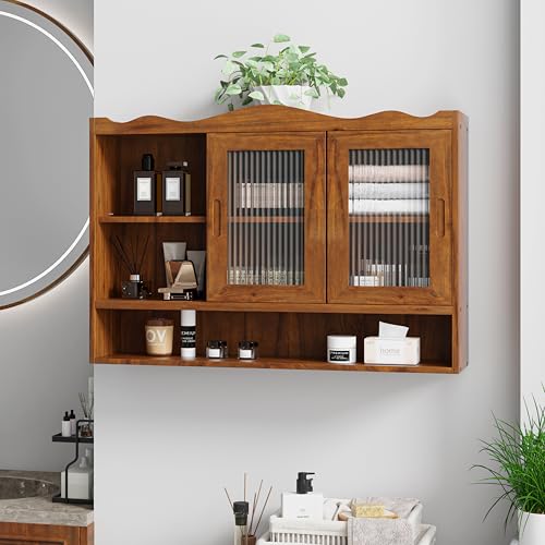 Retro Style Haze Two Glass Door Wood Wall Cabinet with Detachable Shelves for Office, Dining Room,Living Room, Kitchen and Bathroom - color: Brown(3)