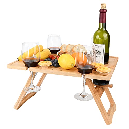 Tirrinia Portable Wine Picnic Table, Ideal Wine Gift for Women Men, Outdoor Folding Table & Beach Charcuterie Board with Wine Glasses Holder for Camping, Park, Party, Garden Concerts, Wooden - size: 17" x 13"