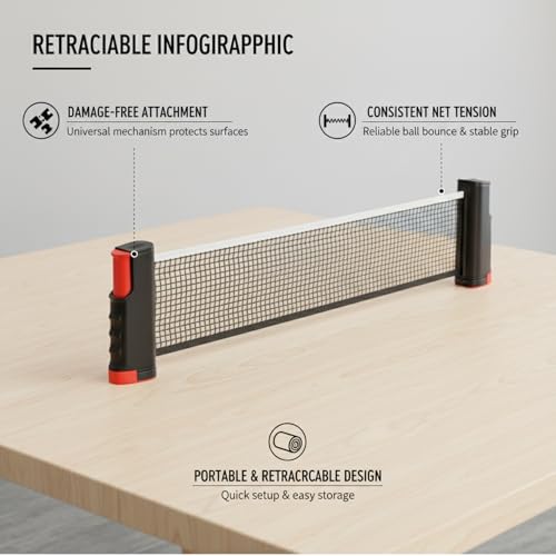 Retractable Table Tennis Net Set, Portable Nylon Ping Pong Net for Flat Surfaces, Damage-Free Setup - color: Gold