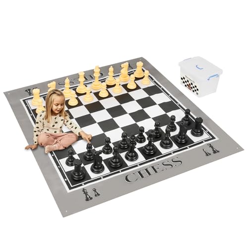 ELONGDI Giant Outdoor Chess Set Oversized Plastic Chess Pieces with Bases Lightweight 71" Chess Mat Floor Games for Kids and Adults - 9.8 Inches Tall King & Storage Bins with Lids