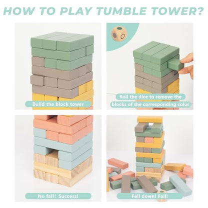 Wooden Blocks Stacking Games, 48PCS Tumbling Stacking Blocks Game for Kids and Families, Wood Colorful Balancing Blocks Montessori Toys for Kids