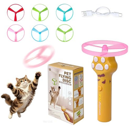 LED Glowing Cat Fetch Toy Launcher, USB Rechargeable Electric Flying Disc Toy with Soft Spinner Discs, Interactive Tracking Hunting Toy for Indoor Outdoor Kitten & Dog Daily Play(Yellow) - color: Yellow
