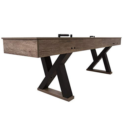 American Legend Kirkwood 9’ Shuffleboard Table with LED Rails, Bowling Game Set, Rustic Wood Finish & Accessories Included