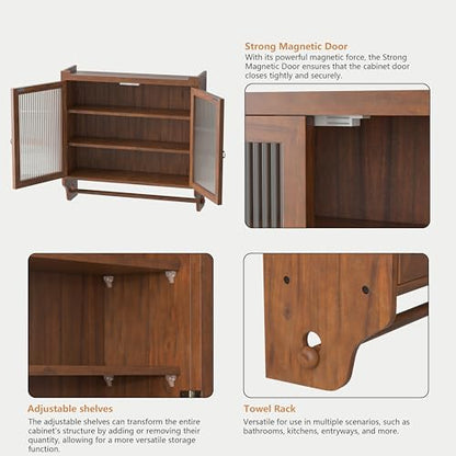 Retro Style Haze Double Glass Door Wood Wall Cabinet with Detachable Shelves for Office, Dining Room,Living Room, Kitchen and Bathroom Brown - color: Brown
