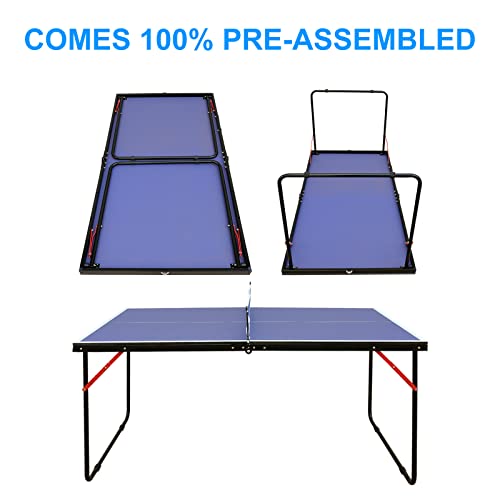 KEIKI 4.5FT Foldable Ping Pong Table, Portable Table Tennis Table with Net & Paddles, Compact Indoor Game Table for Home, Office, Party, Space-Saving Ping Pong Table - color: Blue