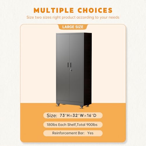 Greenvelly 73" Metal Storage Cabinet with Wheels, Lockable Rolling Metal Garage Cabinets with 2 Doors and 4 Adjustable Shelves, Rolling Tool Cabinet for Garage, Home Office, School - color: Black, style: 73"H-Wheels