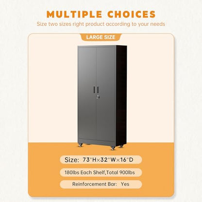 Greenvelly 73" Metal Storage Cabinet with Wheels, Lockable Rolling Metal Garage Cabinets with 2 Doors and 4 Adjustable Shelves, Rolling Tool Cabinet for Garage, Home Office, School - color: Black, style: 73"H-Wheels