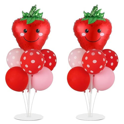 Strawberry Party Balloons Stand Kit 2 Sets with 2 Strawberries Foil Balloons Sweet Strawberry 1st Party Balloon Centerpieces for Tables for Girls Strawberries Birthday Themed Decorations - style: Strawberry