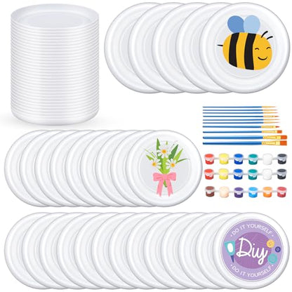 Tenceur 36 Pcs DIY Plastic Flying Disks Bulk 7 Inch Color Your Own White Flying Disc with 10 Paintbrushes and 3 Paints for Party Favors and Crafts Fun Home Activities Games - color: White