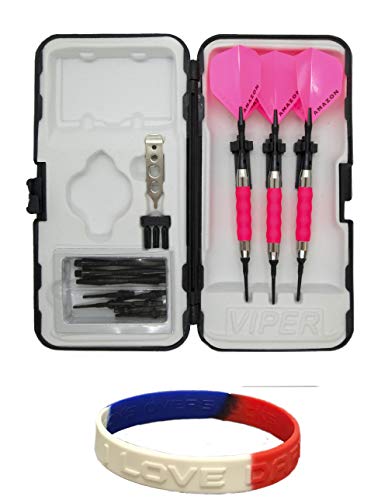Sure Grip Pink Viper Soft Tip Darts with Dart Case & Accessories Choice of Flights 16 or 18 Grams Plus I Love Darts Bracelet (Amazon, 16g)