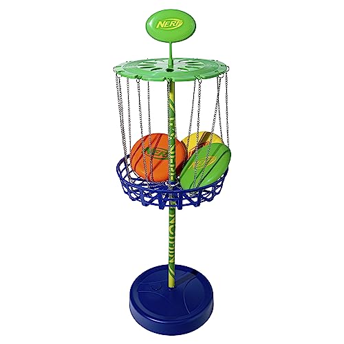 Nerf Disc Golf Starter Set - (3) Mini Golf Discs + (1) Target Basket Included - Complete Portable Set for Backyard + Beach Play