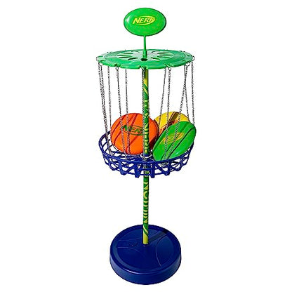 Nerf Disc Golf Starter Set - (3) Mini Golf Discs + (1) Target Basket Included - Complete Portable Set for Backyard + Beach Play