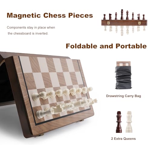 15 Inch Magnetic Wooden Chess Set with Folding Board and Chess Piece Storage Slot, Handmade Portable Travel Chess Game Sets for Kids Adults Beginner and Pros, Carry Bag, 2 Extra Queens