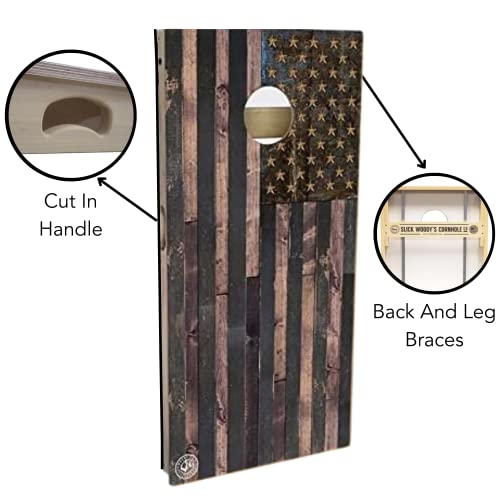Slick Woody's Professional-Grade Cornhole Boards - 4'x2' Solid Wood Regulation Woodgrain Flag Bean Bag Toss Game with 8 Resin Filled Bags - color: B&W American Flag