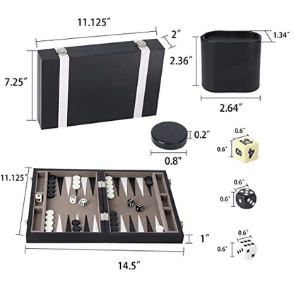 GSE Premium Leather Backgammon Board Game Set, Black&Grey, Small | Premium Leather, Travel Folding Board, Classic Game Set, Leather Case Included - color: Leather-black&grey, size: Small