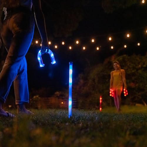 YARDCANDY After Dark Illuminated Horseshoes - Complete with 2 Weighted Blue LED Horseshoes, 2 Weighted Red LED Horseshoes and 2 LED Stakes. Perfect for Play Both Day or Night.