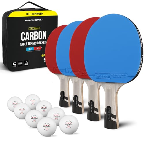 PRO-SPIN Ping Pong Paddles – ITTF Approved Professional Table Tennis Rackets with Carbon Fiber for Superior Control | 7-Ply Blade, Premium Rubber, 2.0mm Sponge - color: 4-Pack | Blue/Red