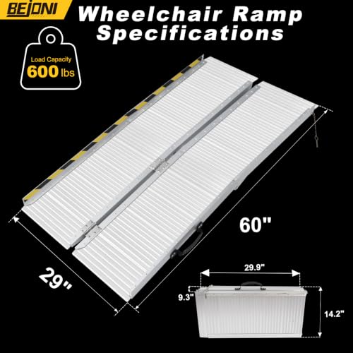BEJONI 5FT Folding Wheelchair Ramp, 29" Wide, Portable with Handle, Sliver | Aluminum Folding Handicap Ramp, 600 Lbs Capacity Non-Skid Wheelchairs for Home Steps, Thresholds, Doorways, Front Porch - size: 4-Fold 5FT x 29'' W