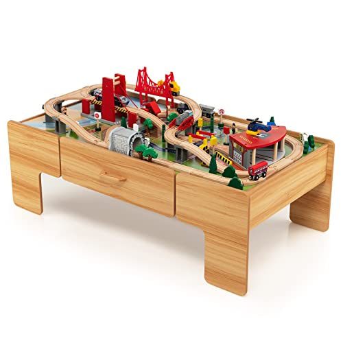 Costzon 2-in-1 Wooden Train Table with Storage Drawer | Kids Activity Table w/ 100 Pieces Railway, Track, Cars, City, DIY Design, Reversible Tabletop, Gift for Boys Girls - size: 48" x 24.5" x 16" (L x W x H)