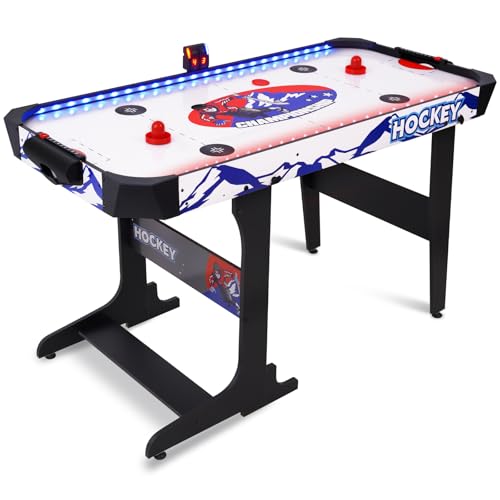 57" LED Light-Up Air Hockey Table, Foldable Arcade Style Air Hockey Game Set w/Accurate Electronic Scoring, in Line Power Switch, Powerful Motor for Kids Adults, Home Game Room - color: White Playfield