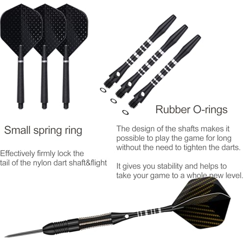 Steel Tip Darts Set for Dartboard, Professional Brass Darts Metal Tip Black Purple Aluminium Nylon Shafts 9 Flights 50 Rubber O-Rings 12 Spring Rings 1 Dart Sharpener Tool 24/27 Grams - color: 26 grams---Black