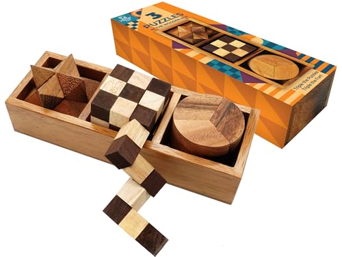 BSIRI 3 Puzzles in a Box - Wooden Brain Teaser Puzzle, 3D Mind Puzzle for Adults, Educational Senior Games, and Brain Games, Ideal for Birthday Gifts and Patio Décor - style: 3 Puzzle Set