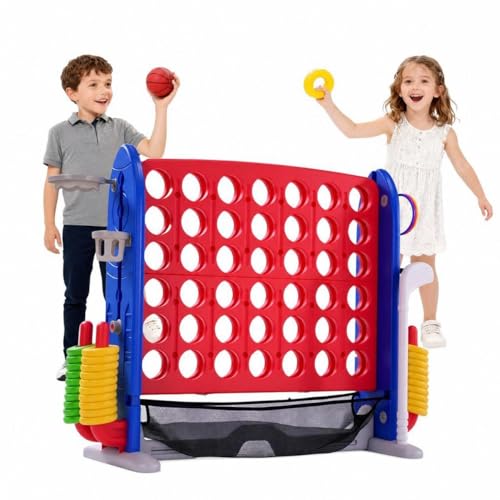 Patikuin 4-in-1 Giant 4-in-a-Row Yard Game, Jumbo Connect 4 with Basketball Hoop & Ring Toss, Adjustable Height, Indoor/Outdoor Party Game for Kids & Adults