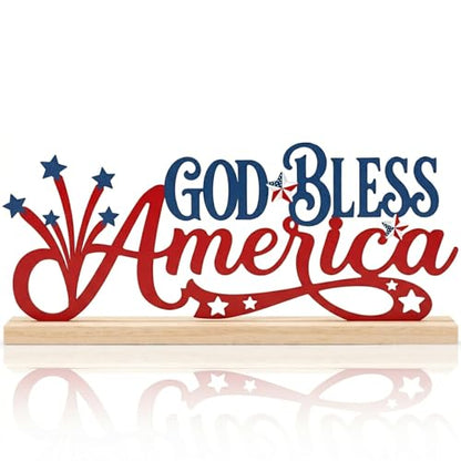 God Bless America Patriotic Decorations Metal Table Sign 4th of July Table Decor Independence Day Tabletop Centerpiece Memorial Day Farmhouse Tiered Tray Decor for Home Mantel Office - style: God Bless America