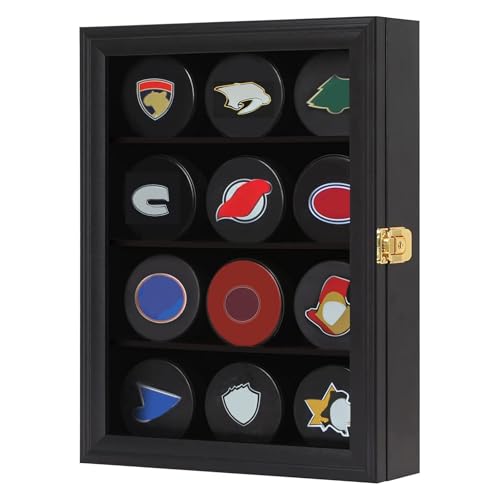 12 Hockey Puck Display Case - Puck Holder Wall Mount Cabinet Stand - Hockey Puck Shadow Box with Real Glass, Small Black，Has UV Protection - size: Small-Black