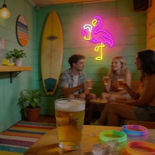 Flamingo Beer Neon Sign for Wall Decor, Drinking Led Signs for Bar, USB Dimmable Tropical Neon Lights for Man Cave Home Pub Hawaiian Summer Beach Party Shop Restaurant Wall Art - style: Beer Flamingo
