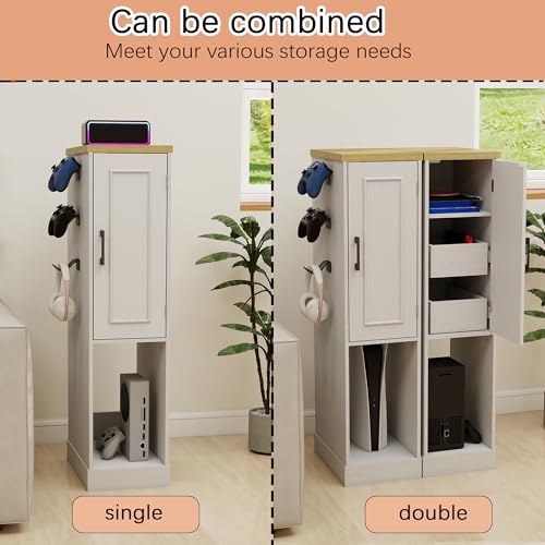 RASOO Media Cabinet, AV Media Stand Game Console Stand with Drawers Inside Media Audio Tower Rack with Hooks，Game Storage Cabinet for PS5 and Xbox