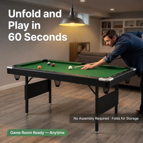 63.8 Inch Foldable Pool Table, No Assembly, Steel Folding Legs, 4-Point Leveling Feet, Complete Set — 16 Balls, Triangle, Chalk, Felt Brush - color: Green Felt+Black Frame