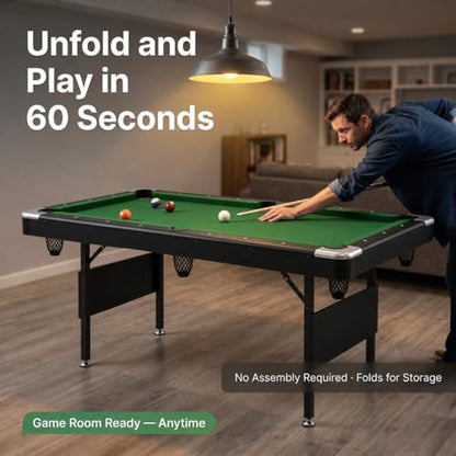 63.8 Inch Foldable Pool Table, No Assembly, Steel Folding Legs, 4-Point Leveling Feet, Complete Set — 16 Balls, Triangle, Chalk, Felt Brush - color: Green Felt+Black Frame