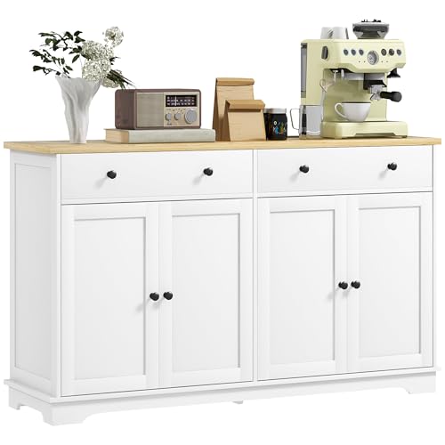 HOMCOM Sideboard Buffet Cabinet with Storage, 55" Modern Kitchen Cabinet with 4 Doors, 2 Drawers and 2 Adjustable Shelves, Coffee Bar Cabinet, White - color: White, size: 55.1" x 15.7" x 33.5"