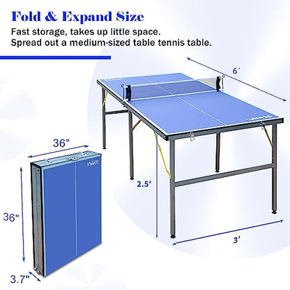 IUNNDS Portable Table Tennis Table 6/8/8.5/9FT Foldable Ping Pong Game Set for Indoor with Net and Post Set, 2 Paddles and 3 Balls - color: Blue