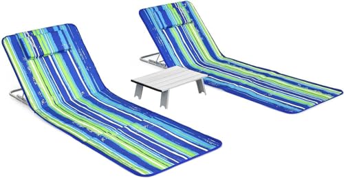 Goplus Beach Chairs with Side Table, 2 Pack Folding Lounge Chairs for Adults, with 5 Adjustable Position, Backpack Lightweight Reclining Lounge Chair for Lawn Camping Picnic Sunbath Pool (Blue Stripe) - color: Blue Stripe